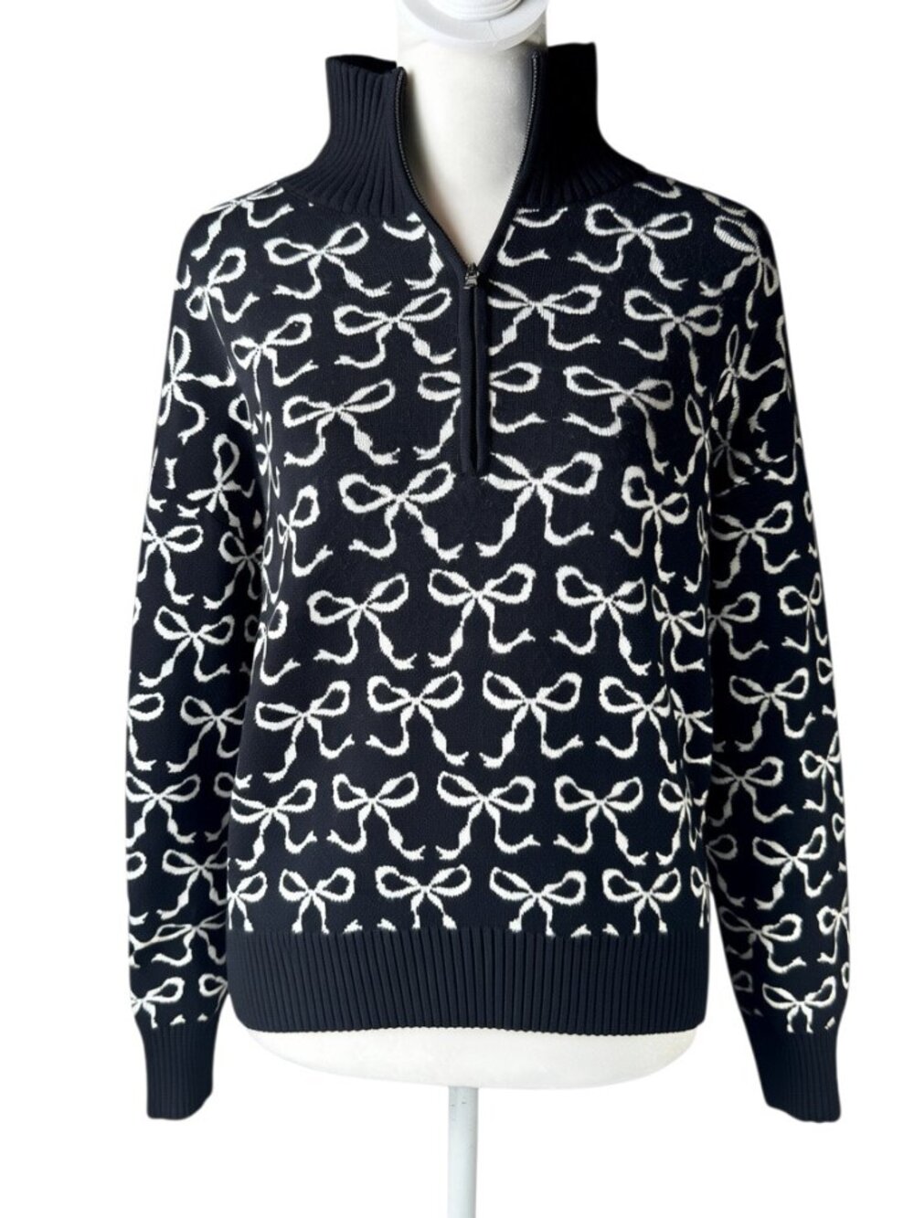Anthropologie Maeve Montana Bow Print Half-Zip Sweater Black White S